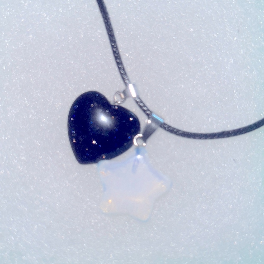 Boho Opal Star and Blue Goldstone Heart on Black cord 18-20” Necklace